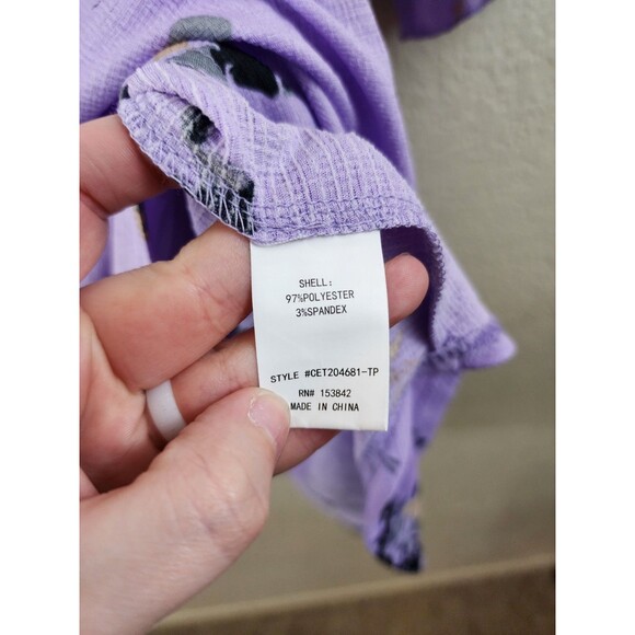 New Melloday Womens 2X Purple Floral Short Sleeve Tie Neck Smocked Blouse - Picture 5 of 7